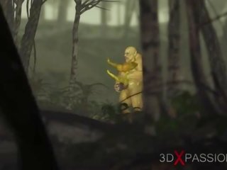 Xanh lục con quái vật ogre fucks cứng một randy phái nữ goblin arwen trong các enchanted rừng